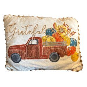 Grateful Fall Truck Pillow 20in x 15in Harvest Pumpkins Embroidered Autumn Decor
